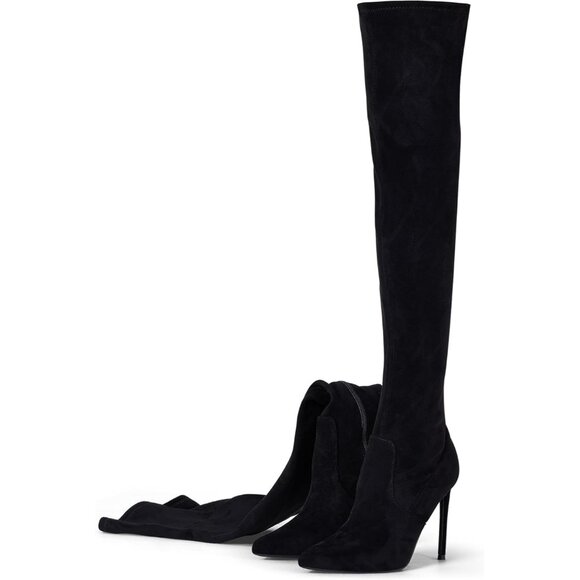 Women Black Suede Pointed Toe 4.3 inch Stilettos Thigh High Heels Stretch Boots - Picture 2 of 8